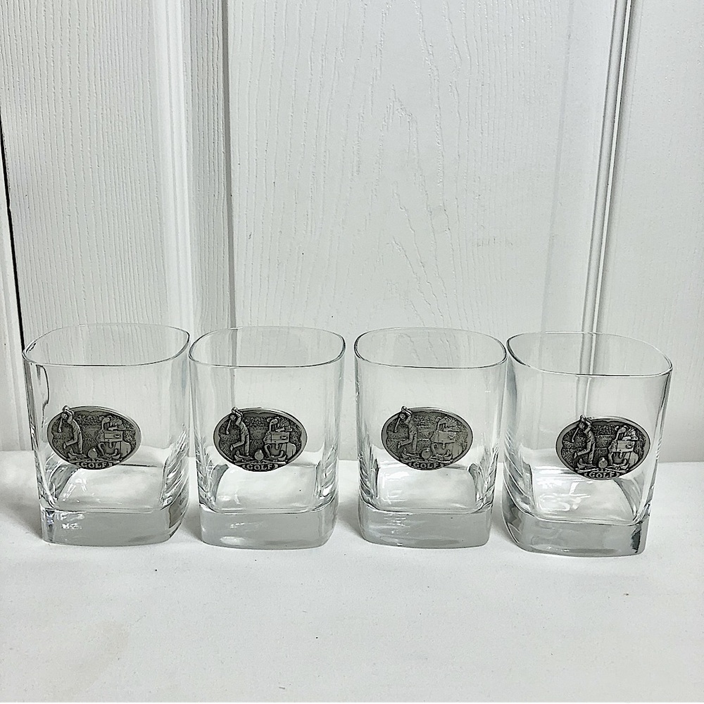 Fine Pewter Golf Medallion Vintage 1999 Set Of 4 Low Ball Whiskey Glasses